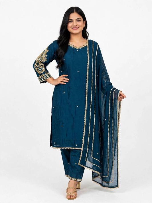 Partywear handwork Suit on pure organza with silk bottom and soft tabby duppta - Colour : Teal blue ( Code- 070 )