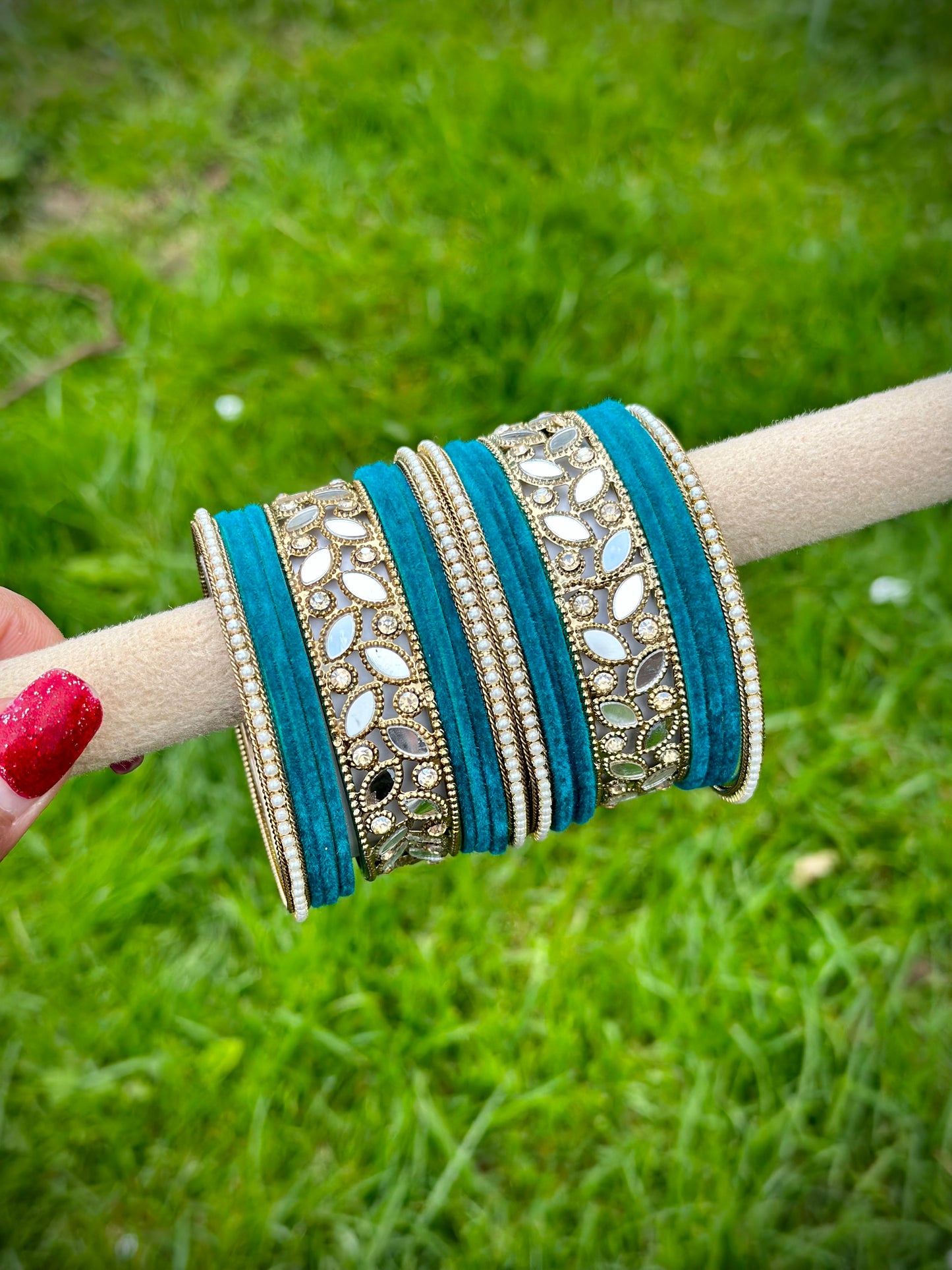 Peacock Bangles set in mirror with pearls ( set of both hands )