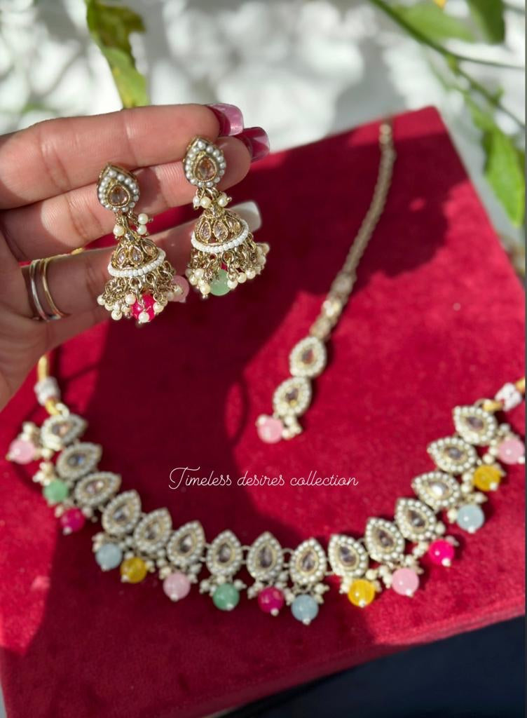 Multi coloured necklace set with earrings and tikka in polki