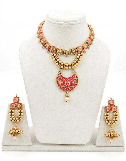 Red Gold plated necklace set in Meenakari with Bell sound earrings in Antique look -Code N5