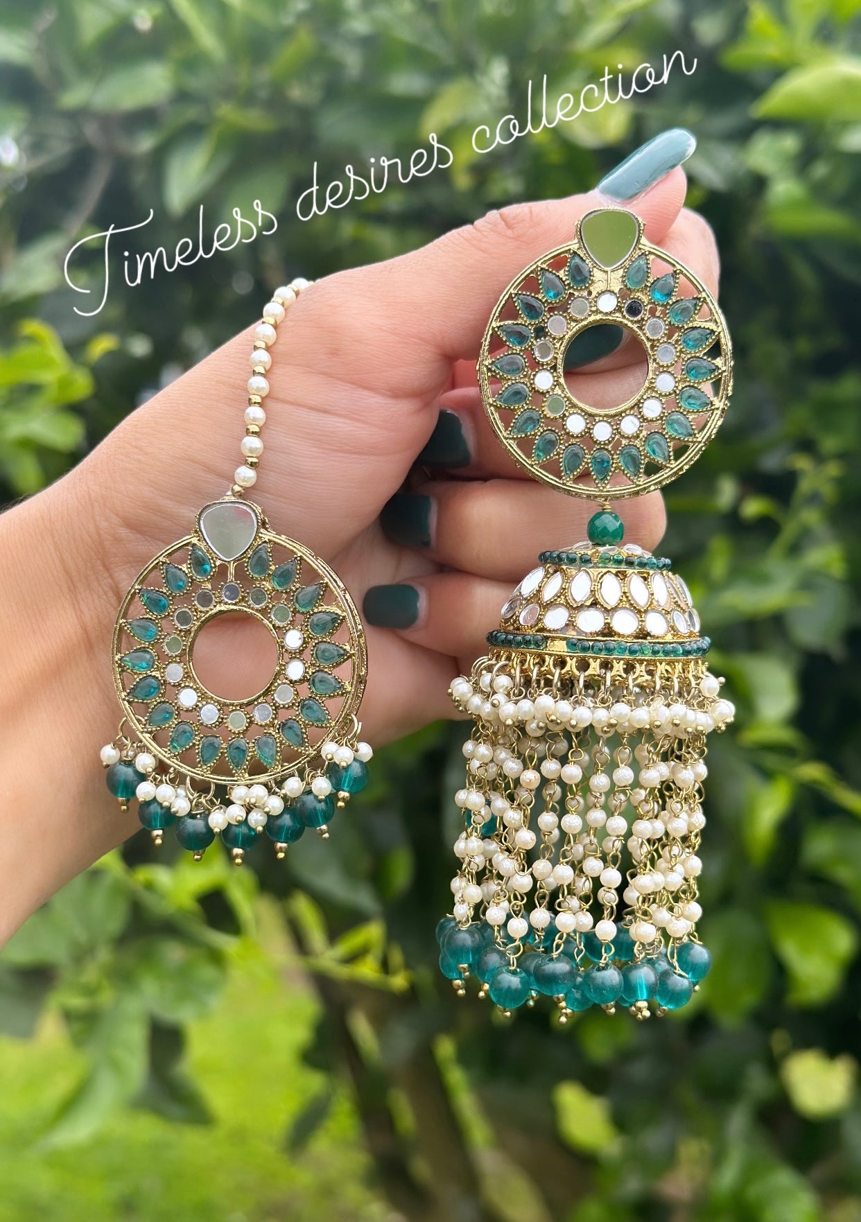 Peacock colour earrings with tikka