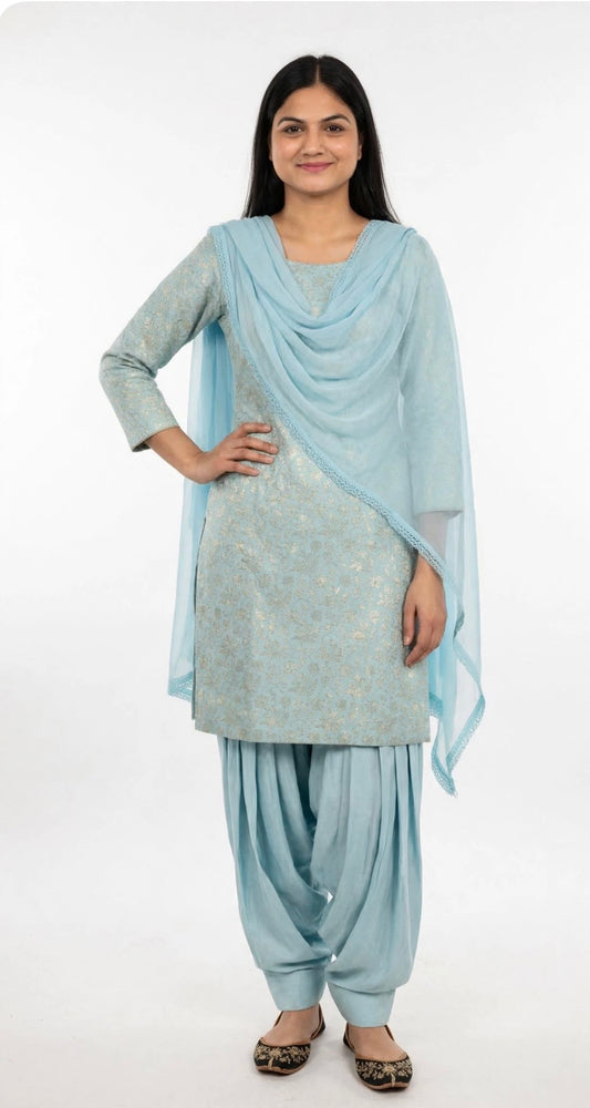 Water blue self designer Kheen Khab / brocade salwar suit - Code 264
