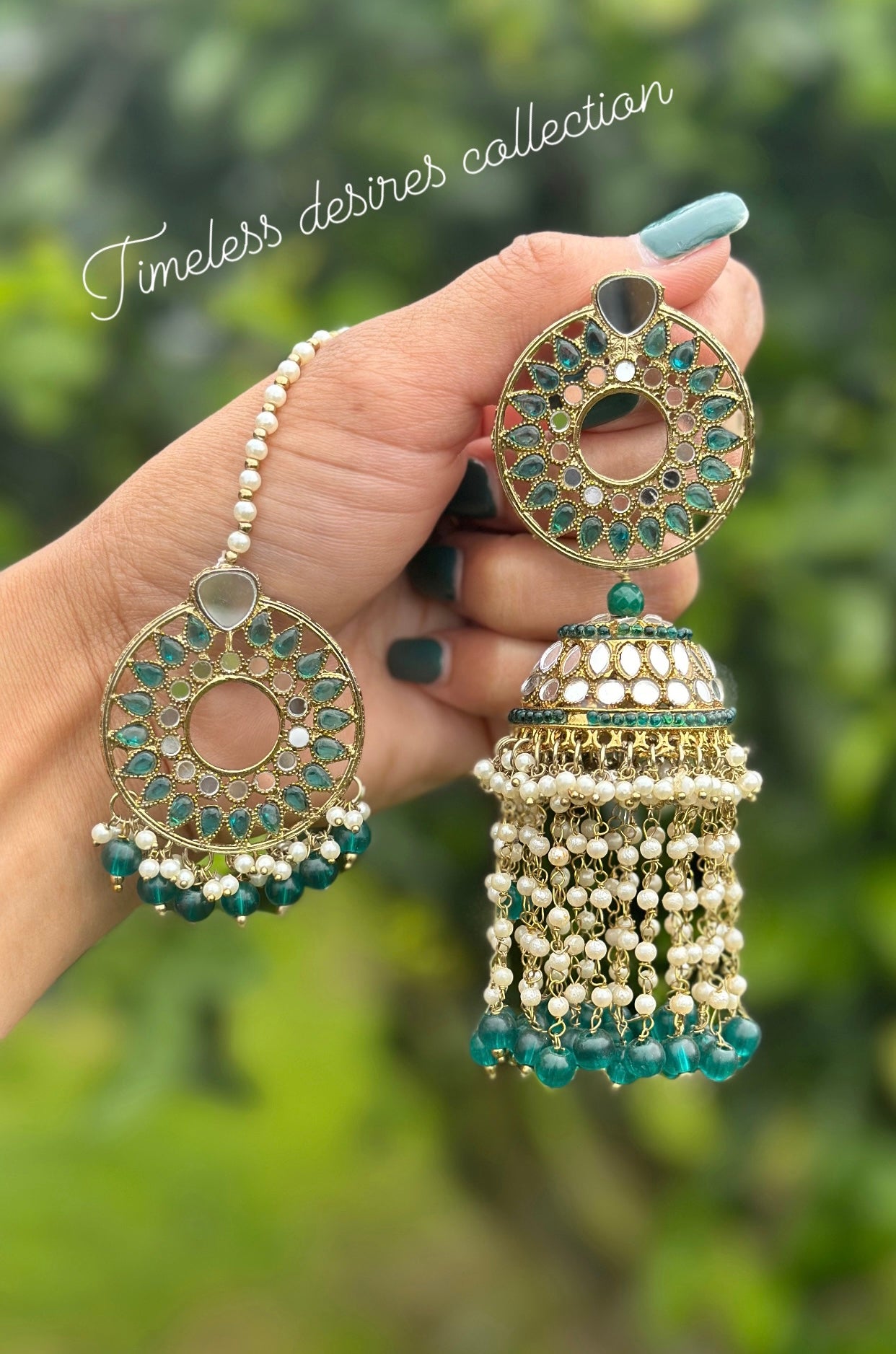 Peacock colour earrings with tikka