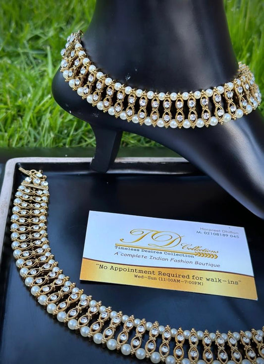 Double stone white & gold anklets / jhanjra (TD-13)