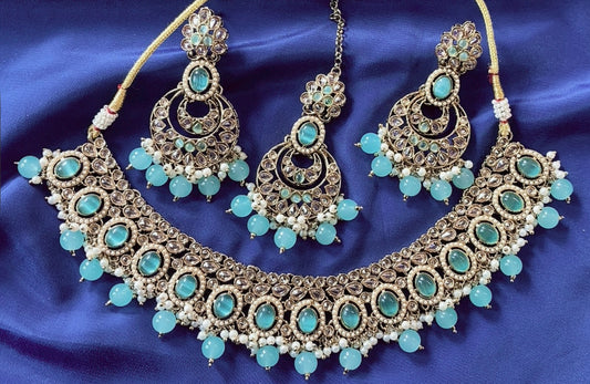 Necklace set with earrings & tikka, Colour: Sky blue, Code: X42