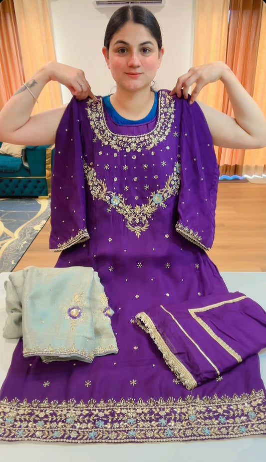 Party wear fully hand work suit (Colour: deep purple + light blue), Code: 197