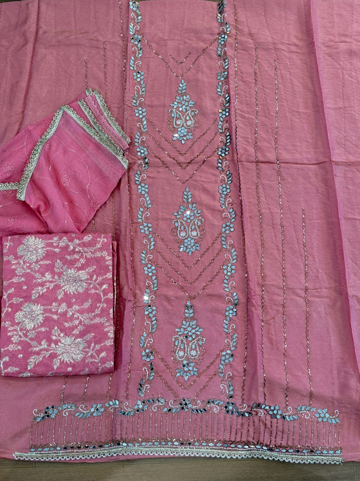 Unstitched handwork Suit - shirt: shimmer silk , bottom : Banarsi , Duppata : chiffon ( Colour - Carrot )