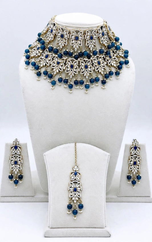 Blue double layer necklace/choker set in kundan- N33