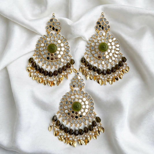 Mehndi green Earrings and Tikka set in Mirror