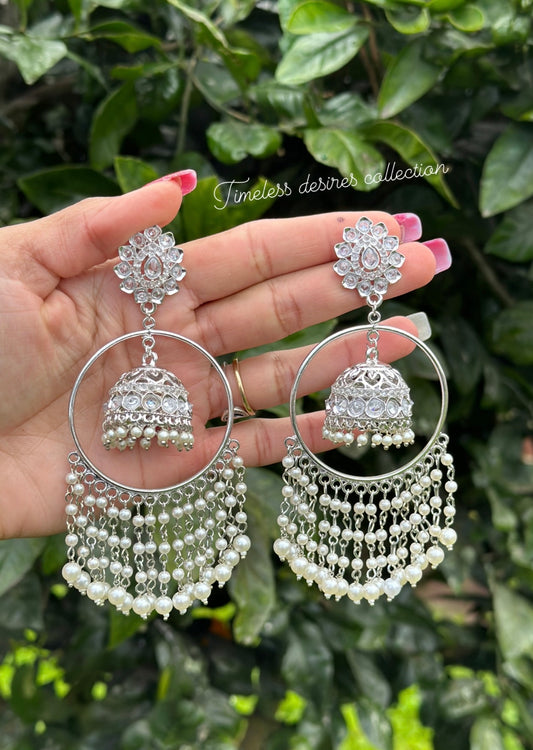 Silver pearl drop Jhumka waaliya in polki ( reverse AD )