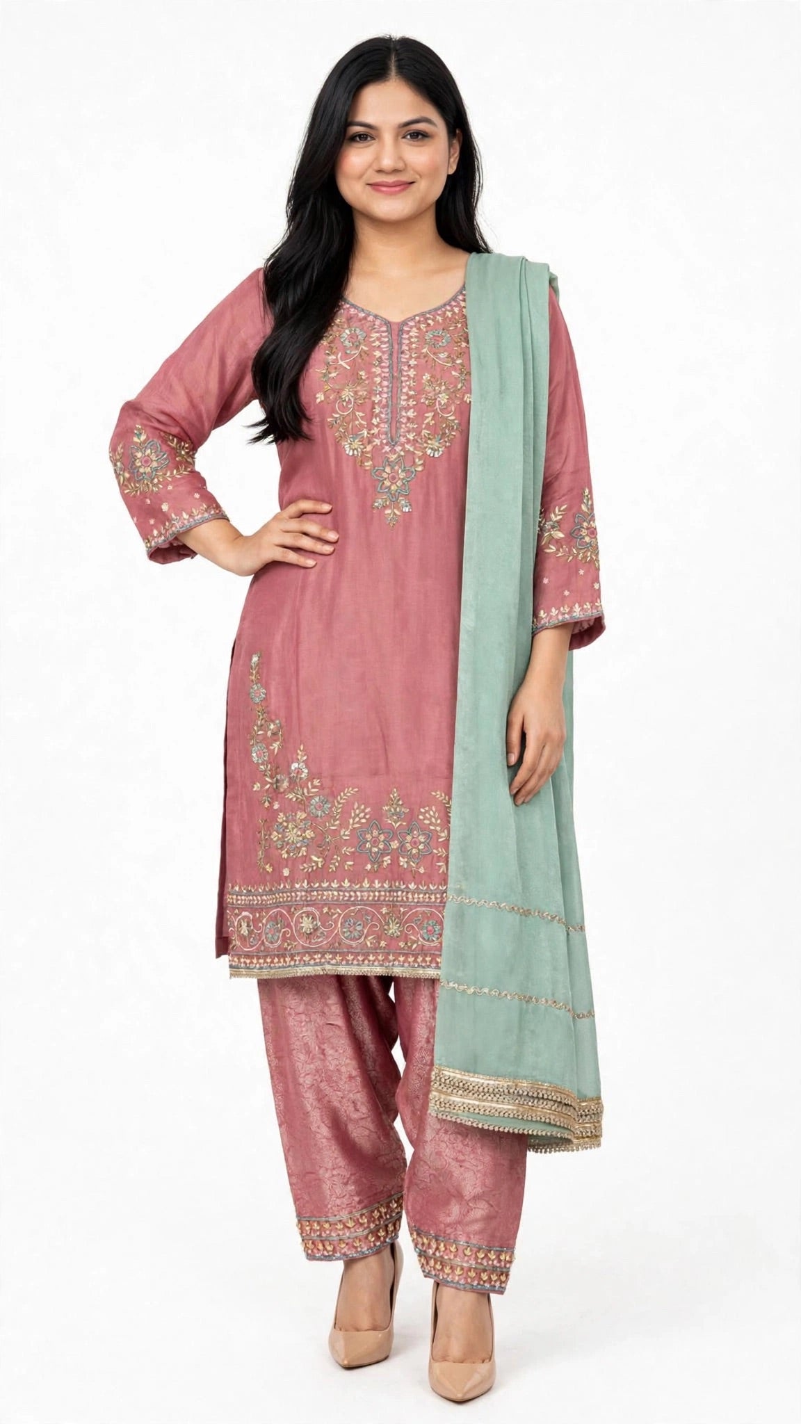 Premium suit- Heavy Silk based suit pair up with Keen Khab handwork salwar and pure silk duppata enhanced with laces - Colour: Rose Pink + Grapy  ( Code: 081 )
