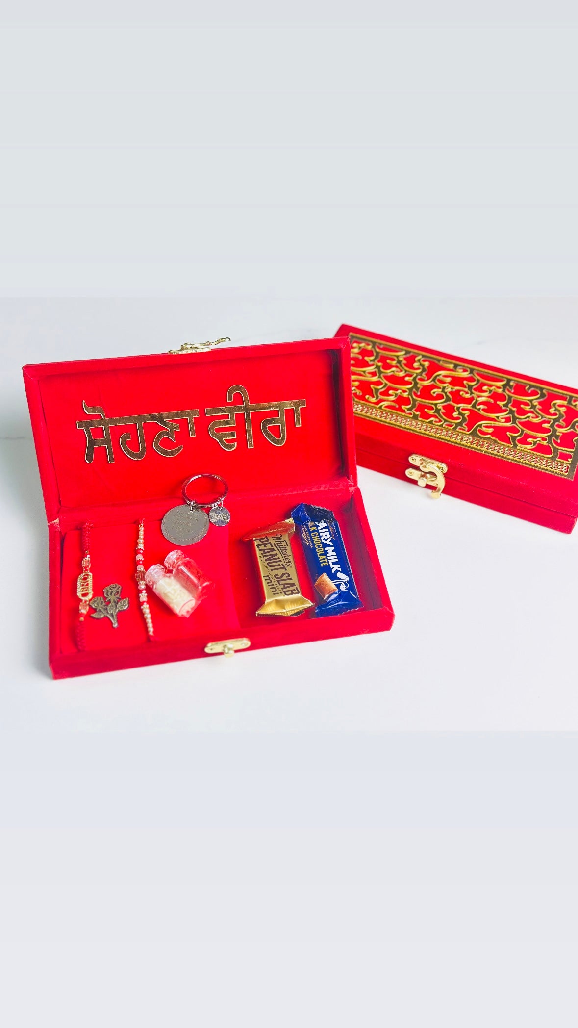 Rakhi / Rakhdi Gift Hamper Box with American Diamond Rakhdi and Gift - ( All in one with Assorted designs )