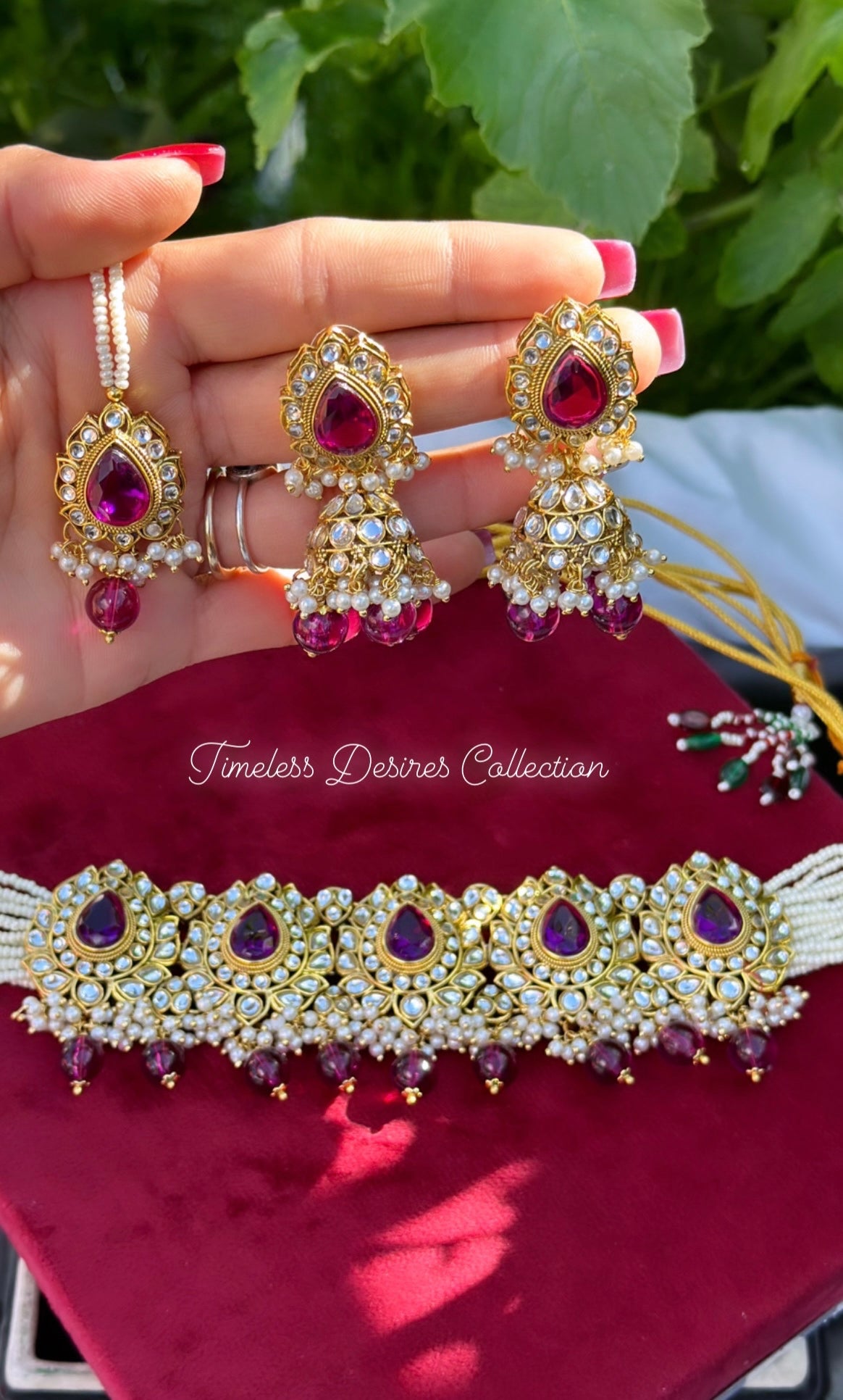 Purple choker / necklace set with Jhumka earrings in Kundan with antique polish