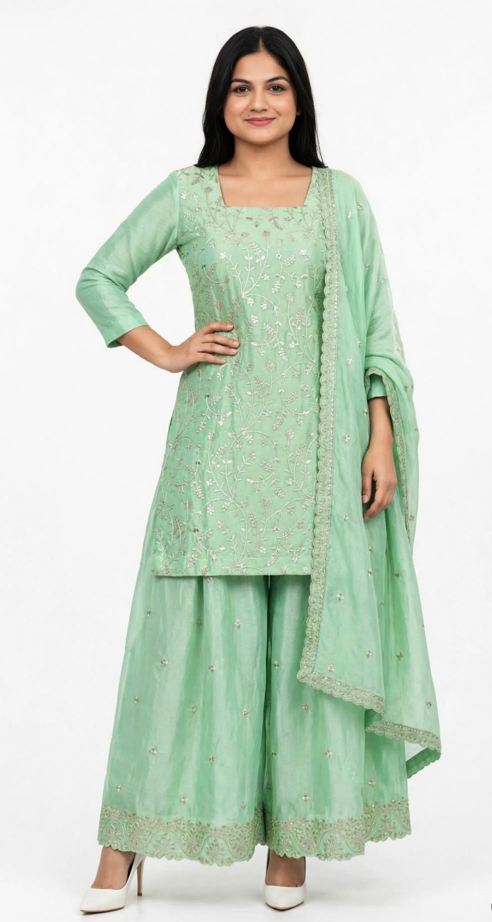 Boutique designer  party wear Handwork Sharara / Lehnga suit in fendy silk fabric with embroidered  duppta - Colour : Light Green (Code : - S126)