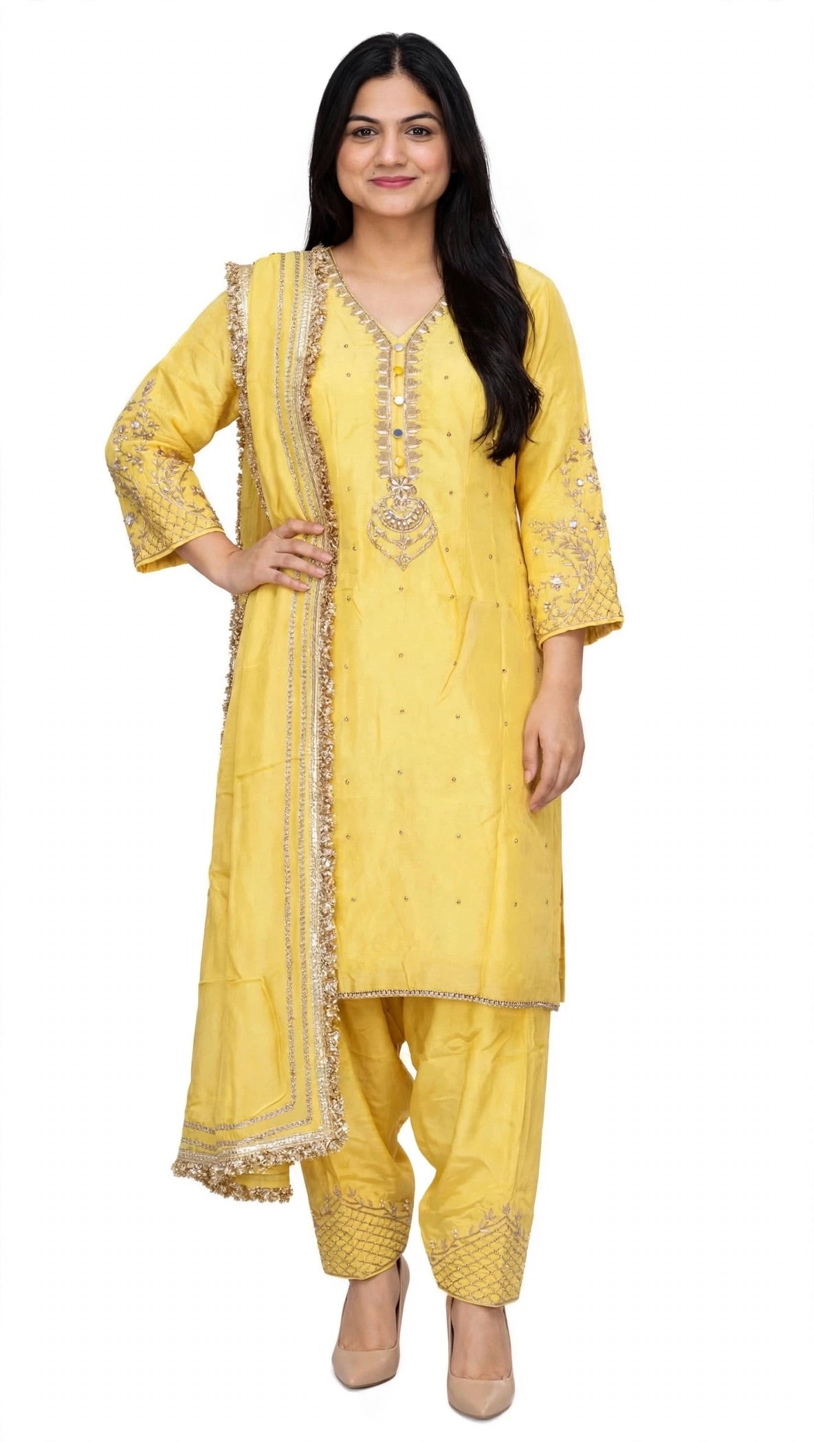 Lemon Yellow Handwork suit on pure Twill Organza silk with handwork crape salwar paired up with soft Pure Duppata  - Code 074