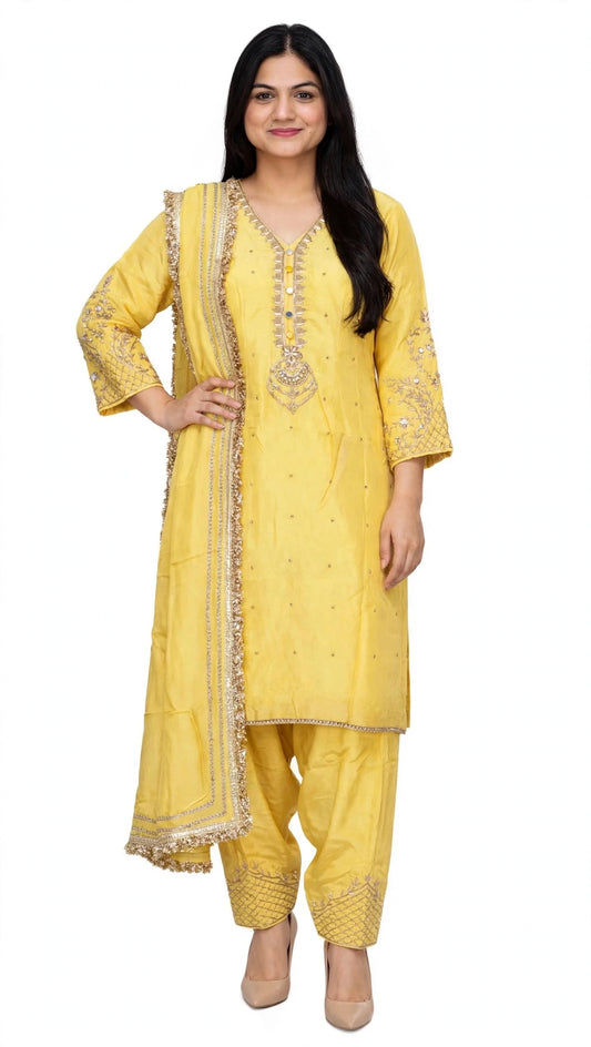 Lemon Yellow Handwork suit on pure Twill Organza silk with handwork crape salwar paired up with soft Pure Duppata  - Code 074