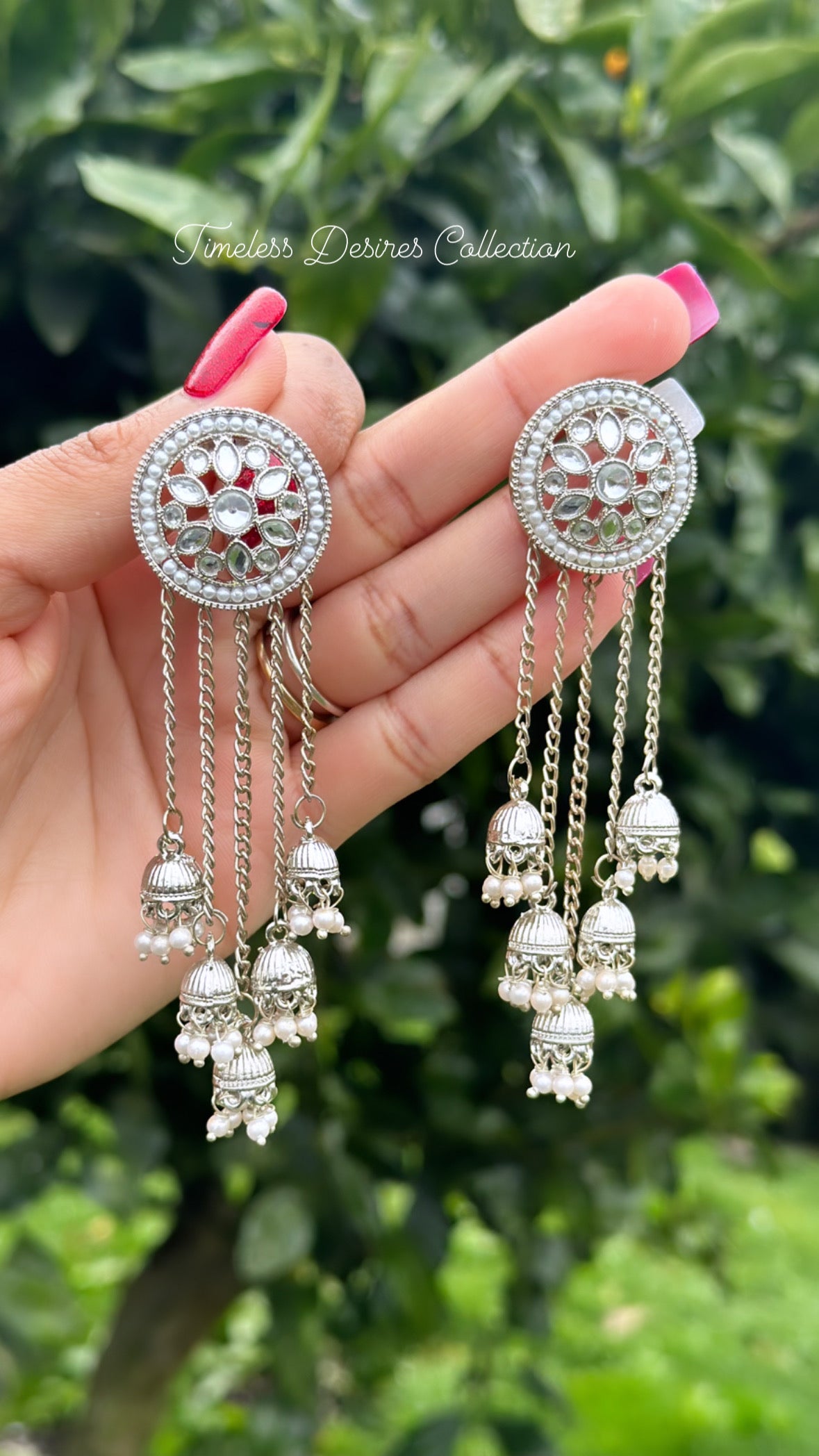 Silver Jhumka drop earrings in polki