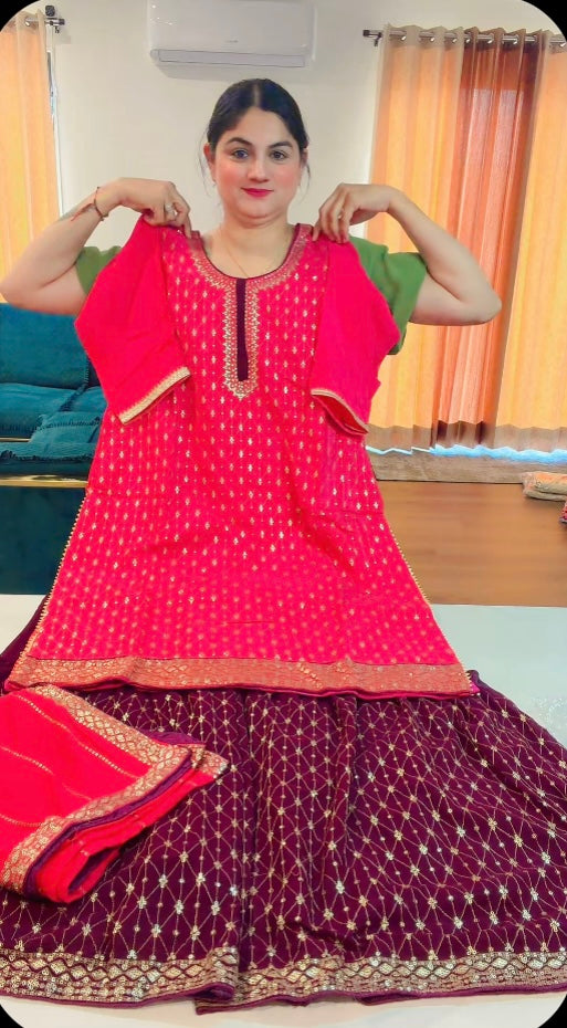 Party wear Sharara suit on carpe and Georgette ( Colour : Gajri+Wine) code RS106