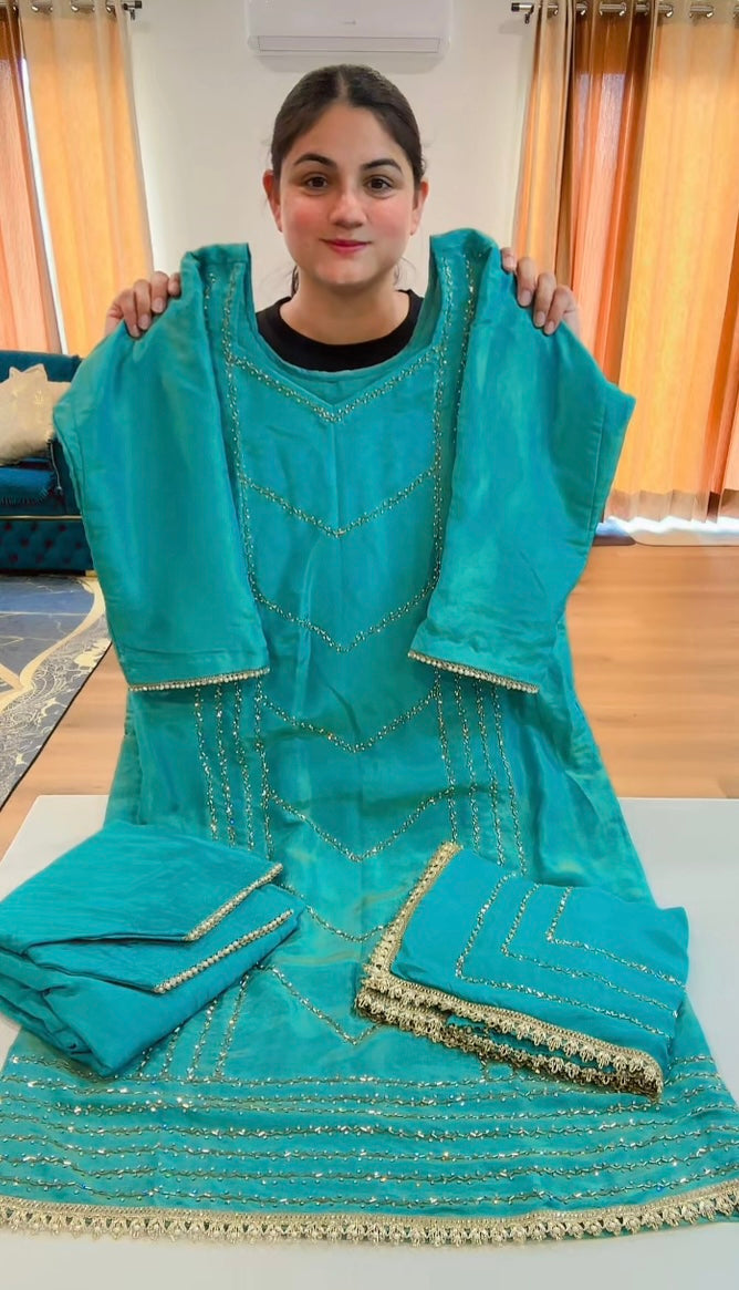 Partywear hand work suit (Colour: firozi), Code: 244