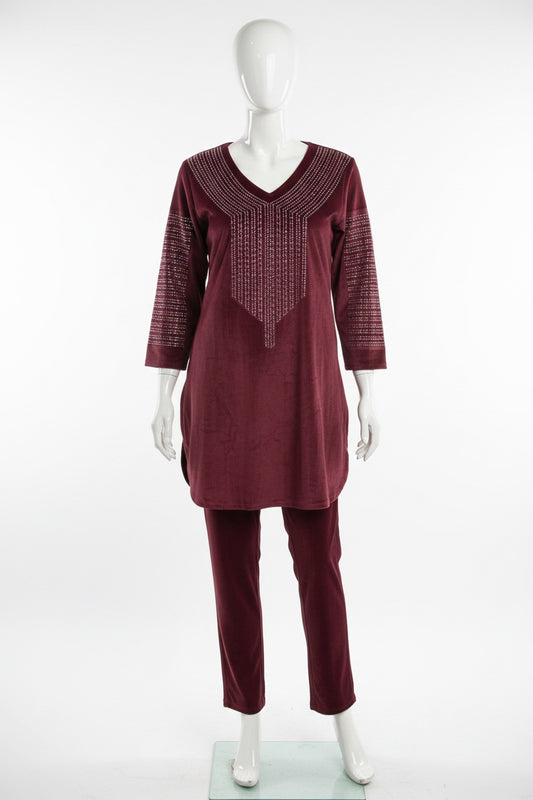 Velvet co-ord set in plum colour - Code: 177