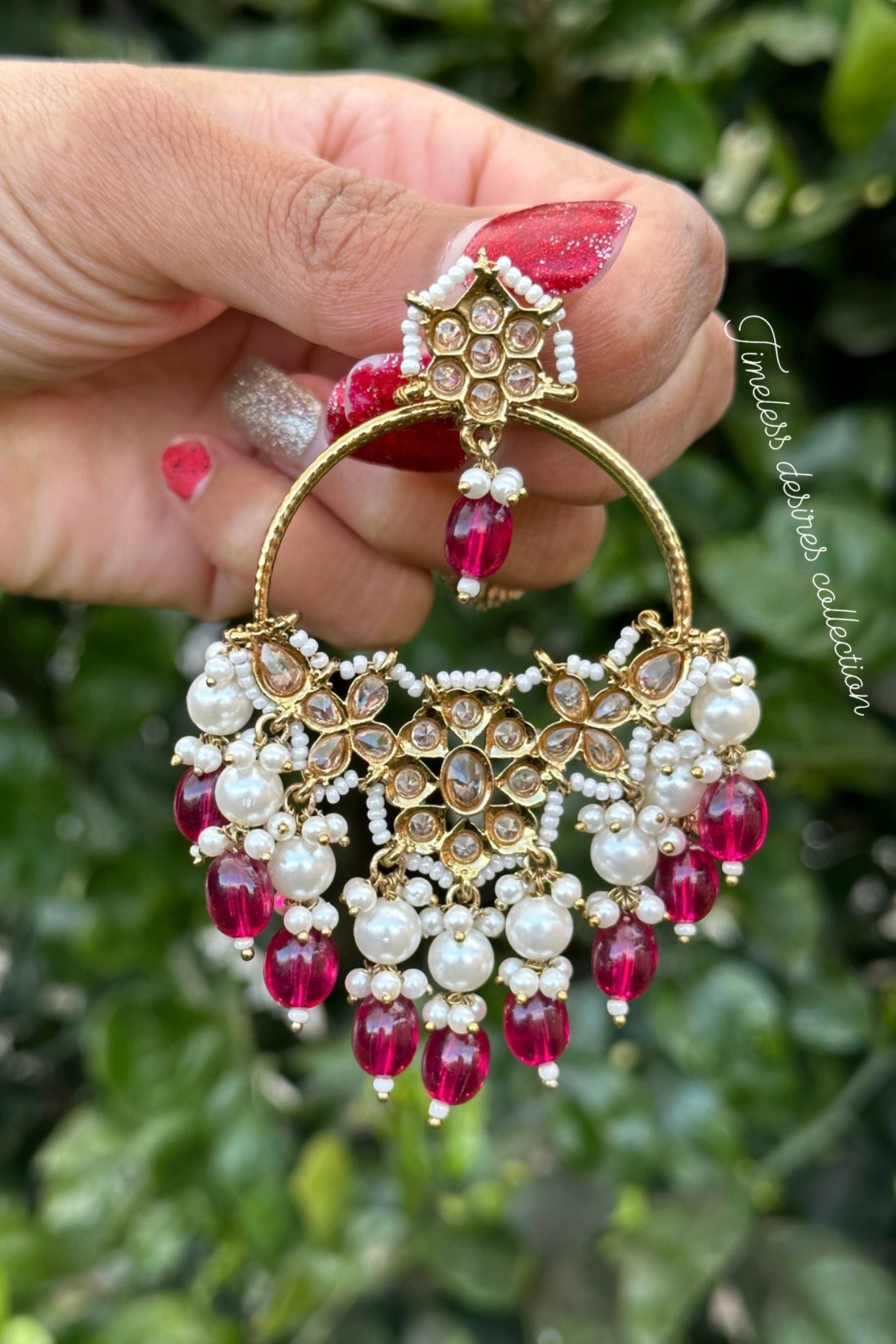 Magenta or dark Pink Waliya earrings in reverse AD
