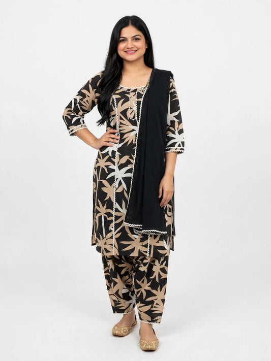 Cotton Printed boutique stitched Suit, Colour: Black/Brown, Code: 195