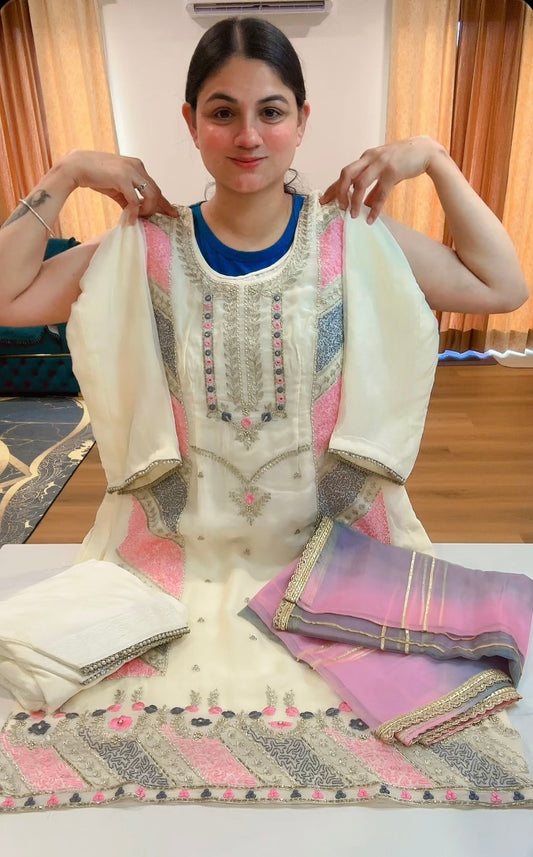 Party wear hand + tilla work suit (Colour: off white + multi), Code: 200