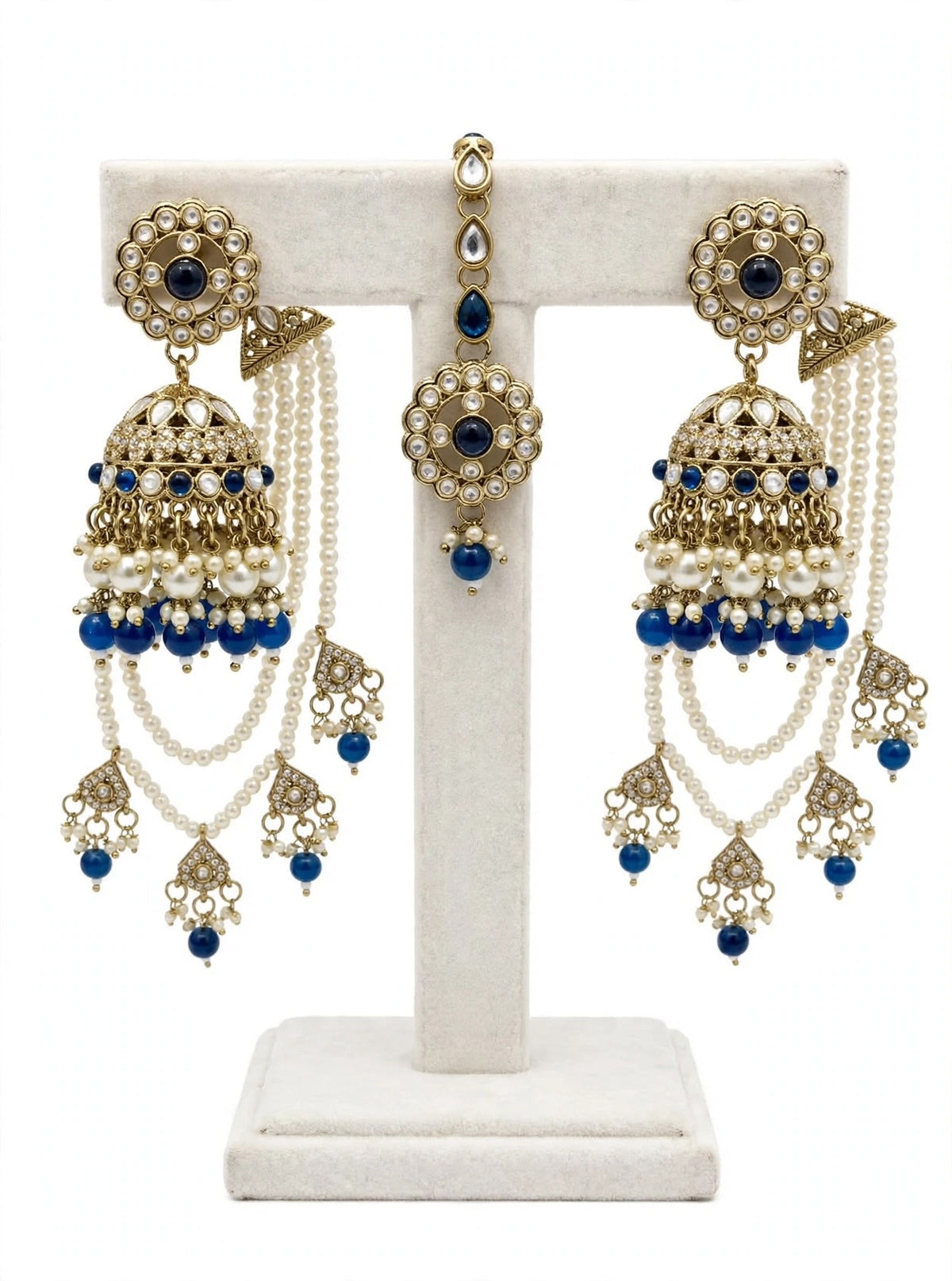 Bahubali Earrings with tikka in Kundan, Colour: Navy blue, (Code:096)