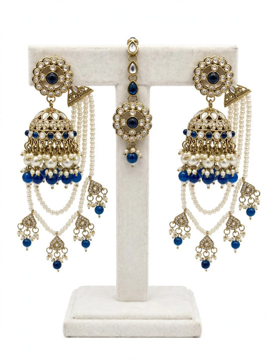 Bahubali Earrings with tikka in Kundan, Colour: Navy blue, (Code:096)