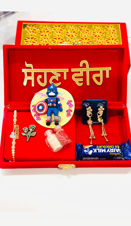 Family Rakhi/Rakhdi Hamper Box ( All in one - Veera Rakhi , Bhabi Earrings, kids rakhi , chocolate ) - Assorted Designs Accesories