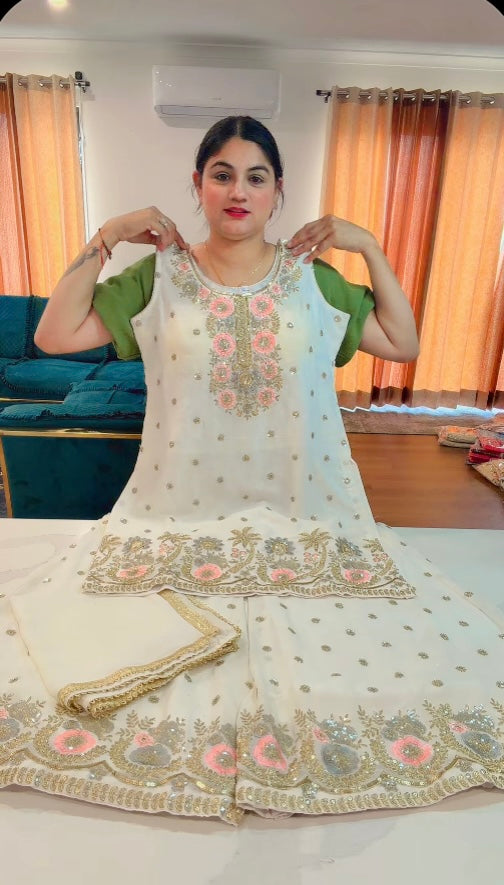 White Hand touch Sharara suit on Georgette ( Note- Minor marks as Manufacturing error on Bottom ) Picture attached ——- ON Clearance