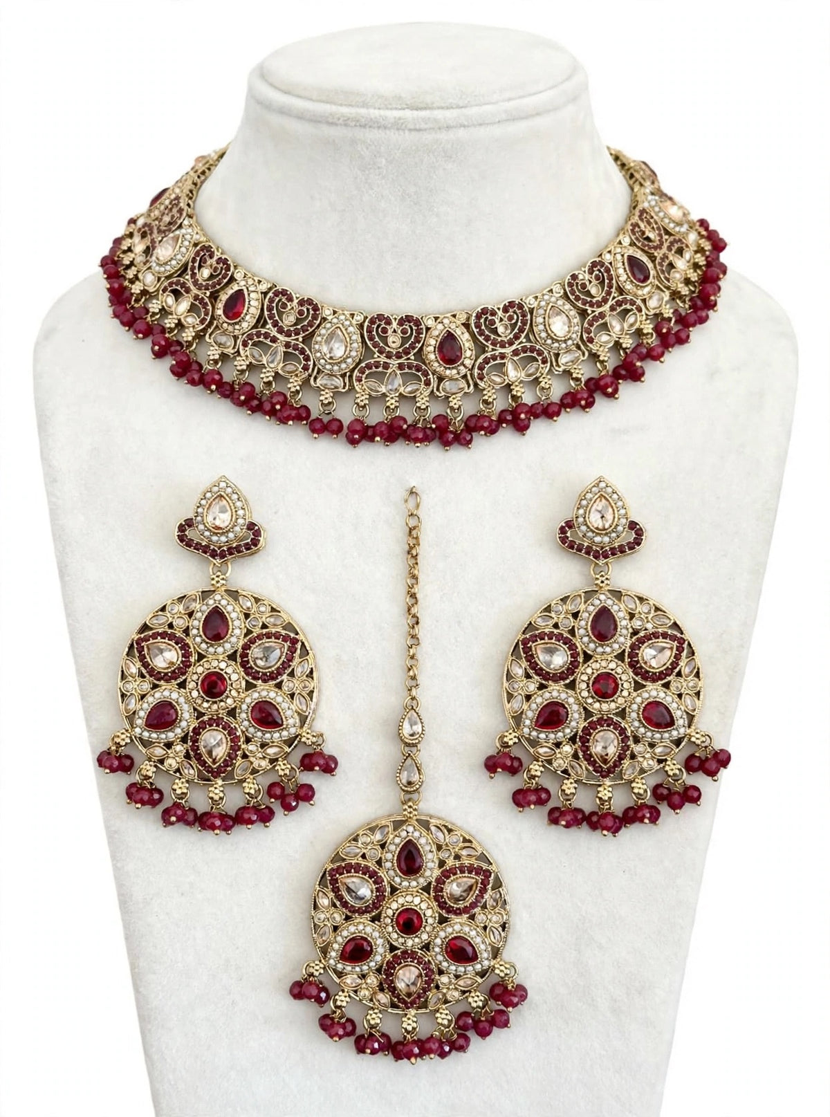 Maroon necklace set with earrings and tikka- J25