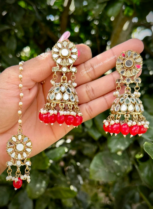 Red Jhumka earrings and tikka set in mirrror