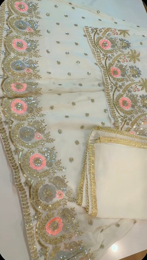 White Hand touch Sharara suit on Georgette ( Note- Minor marks as Manufacturing error on Bottom ) Picture attached ——- ON Clearance