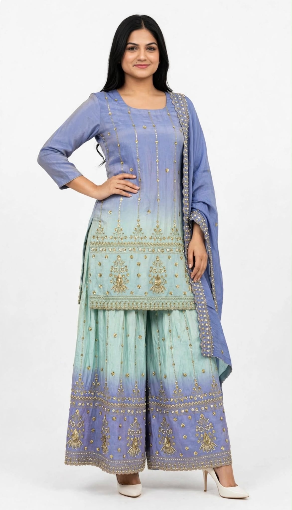 Ombré Boutique designer Heavy party wear Handwork Sharara / Lehnga suit in shimmer silk with heavy handwork duppta - Colour : Lavender  + Light blue ( Code : 374 )