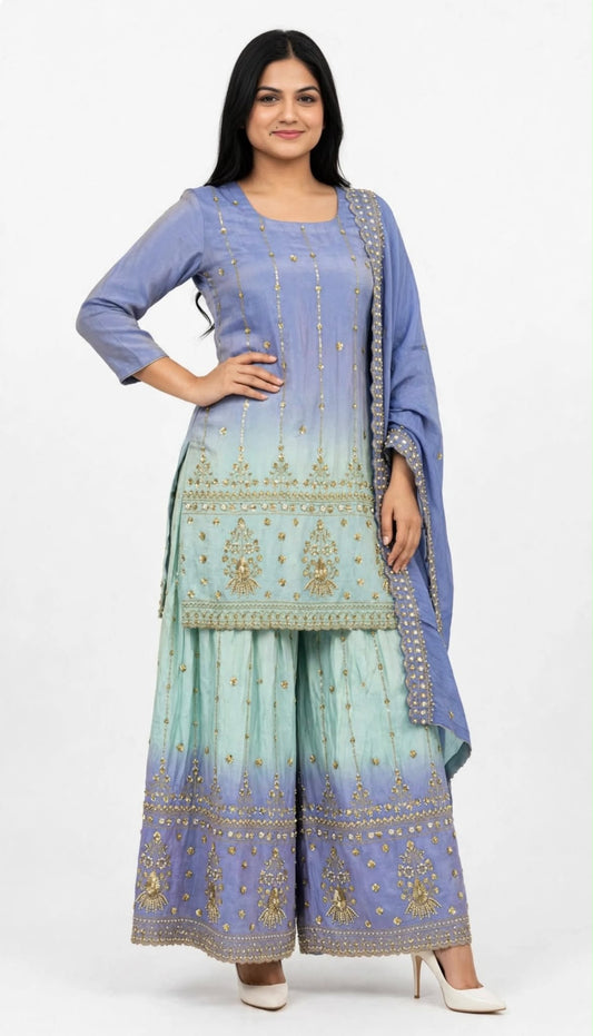 Ombré Boutique designer Heavy party wear Handwork Sharara / Lehnga suit in shimmer silk with heavy handwork duppta - Colour : Lavender  + Light blue ( Code : 374 )