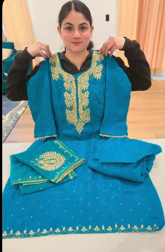 Gota Handwork salwar suit on silk- Colour: Attractive Firozi  ( Code: 642 )