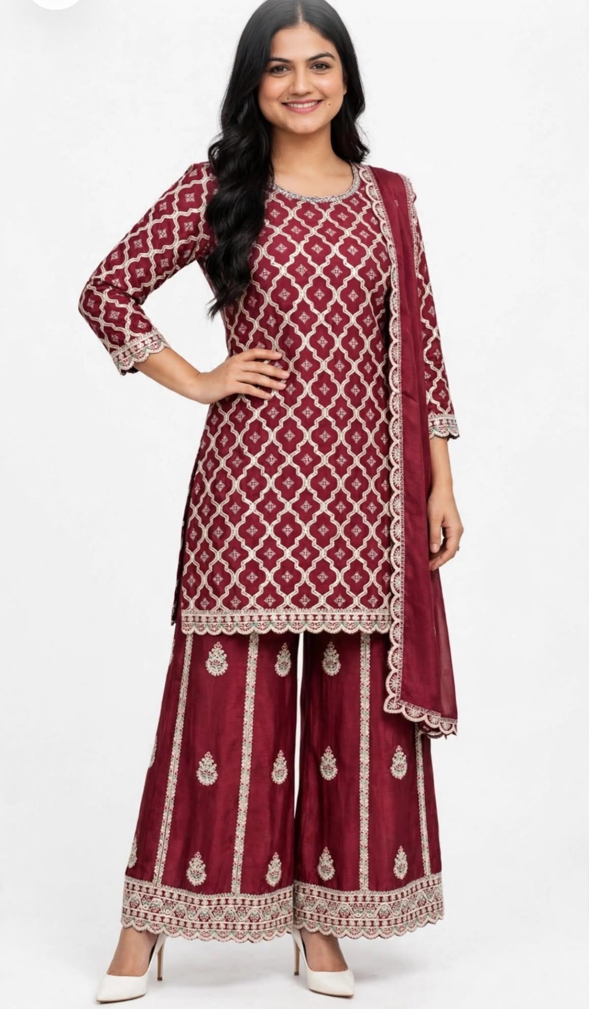 Readymade Sharara suit with thread work on chinon fabric with chinon duppata