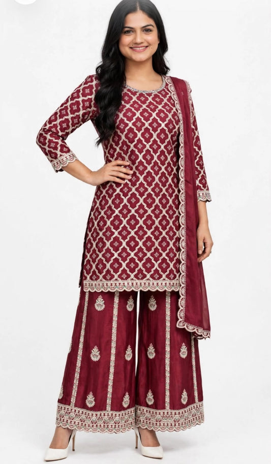 Readymade Sharara suit with thread work on chinon fabric with chinon duppata