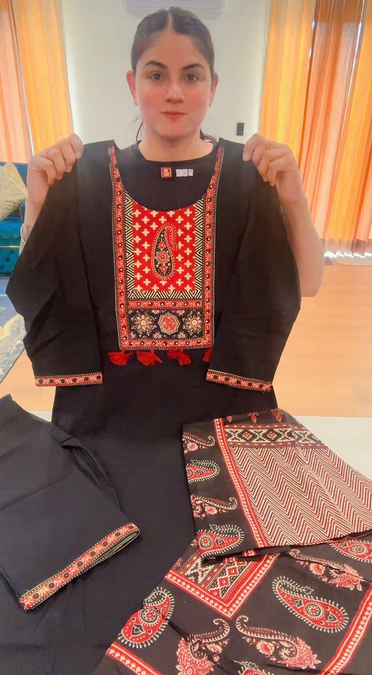 Readymade 3 pieces Ajgar Print suit with hand work (Colour: black, Code: 162 )