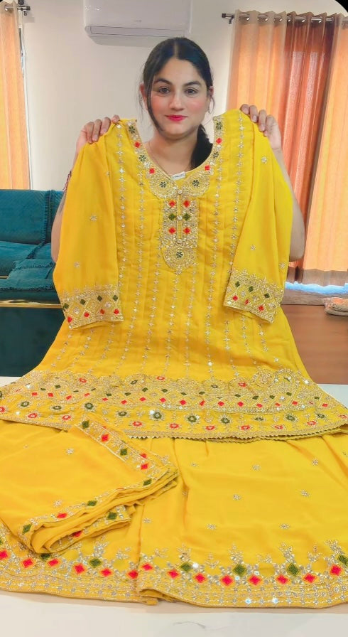 Party wear Sharara suit on Georgette ( Colour - Yellow )Code: RS105