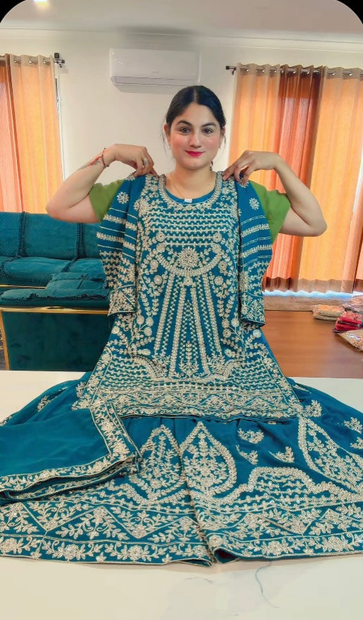 Party Wear Heavy garara suit on Georgette ( Colour - Teal Blue ) Code: RS106