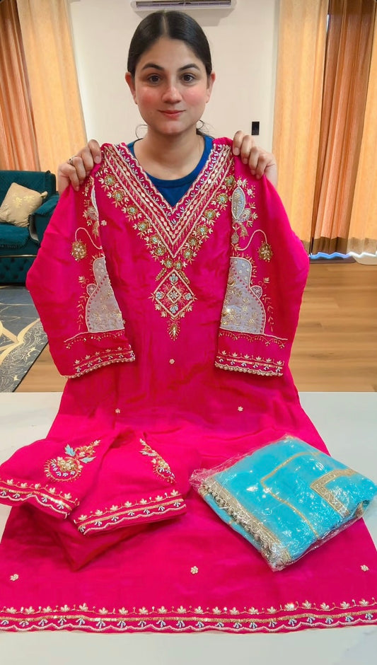Party wear fully hand work suit (Colour: rani pink + light blue), Code: 199