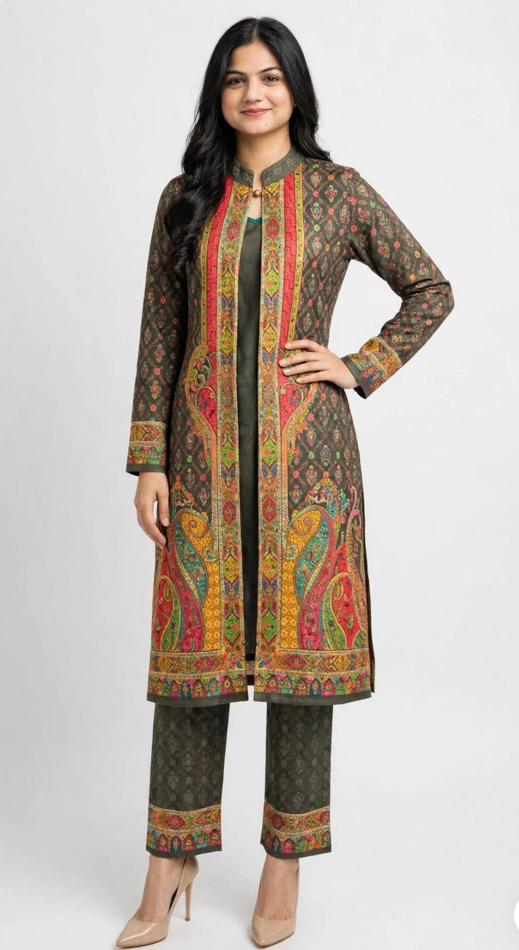 Premium Kashmiri style outfit on silk velvet - Code: 182 ( free size upto 42)