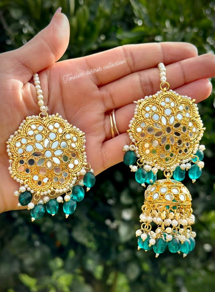 Peacock colour Jhumka earrings and tikka set in mirror