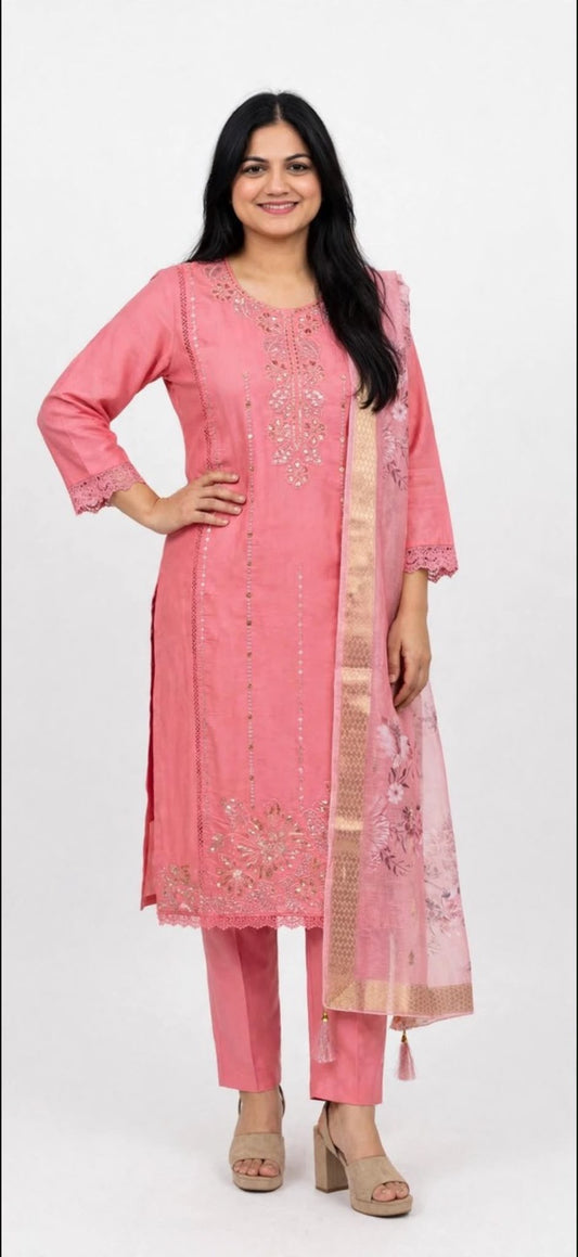 Light pink Handwokr 3 pcs Pant suit with Banarsi duppta on Rayon fabric, Code: RE25