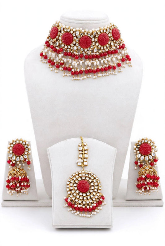Red Necklace / Choker set in Kundan with curving stone ( awesome PC 👌)-N17
