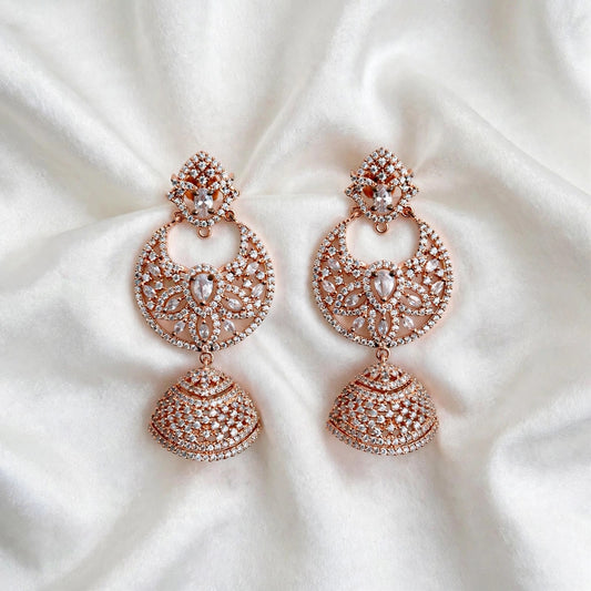 American diamond Jhumka earrings in rose golden polish