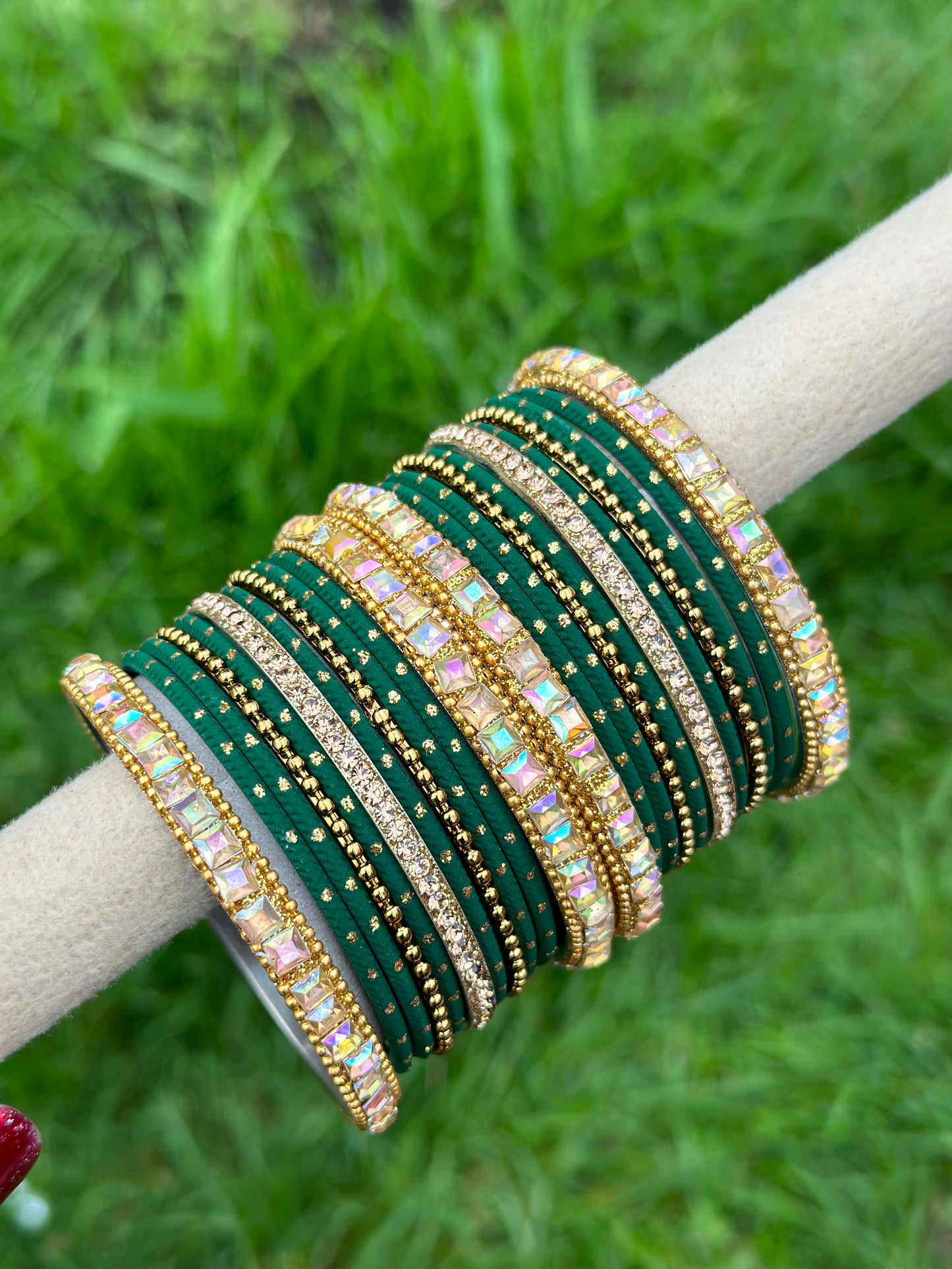 Green colour bangles with shiny golden kangan’s ( set of both hands )