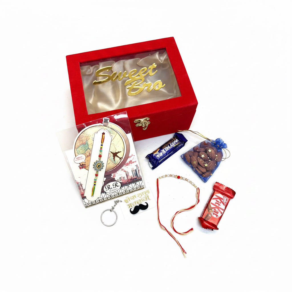 Sweet Bro Hamper Box - Includes Hamper box , Rakhi , Thread Rakhi , Chocolates , Nuts and Key Chain